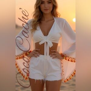 White Boho Crop Top Dramatic Bell Sleeves and Vibrant Orange Yellow Tassels